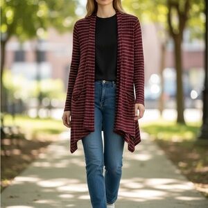 LOGO by Lori Goldstein Burgundy Striped Cardigan